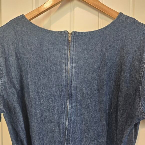 Vintage Denim Dress Women Medium 90s Midi Blue Floral Cottage Granny Prairie - Picture 10 of 14